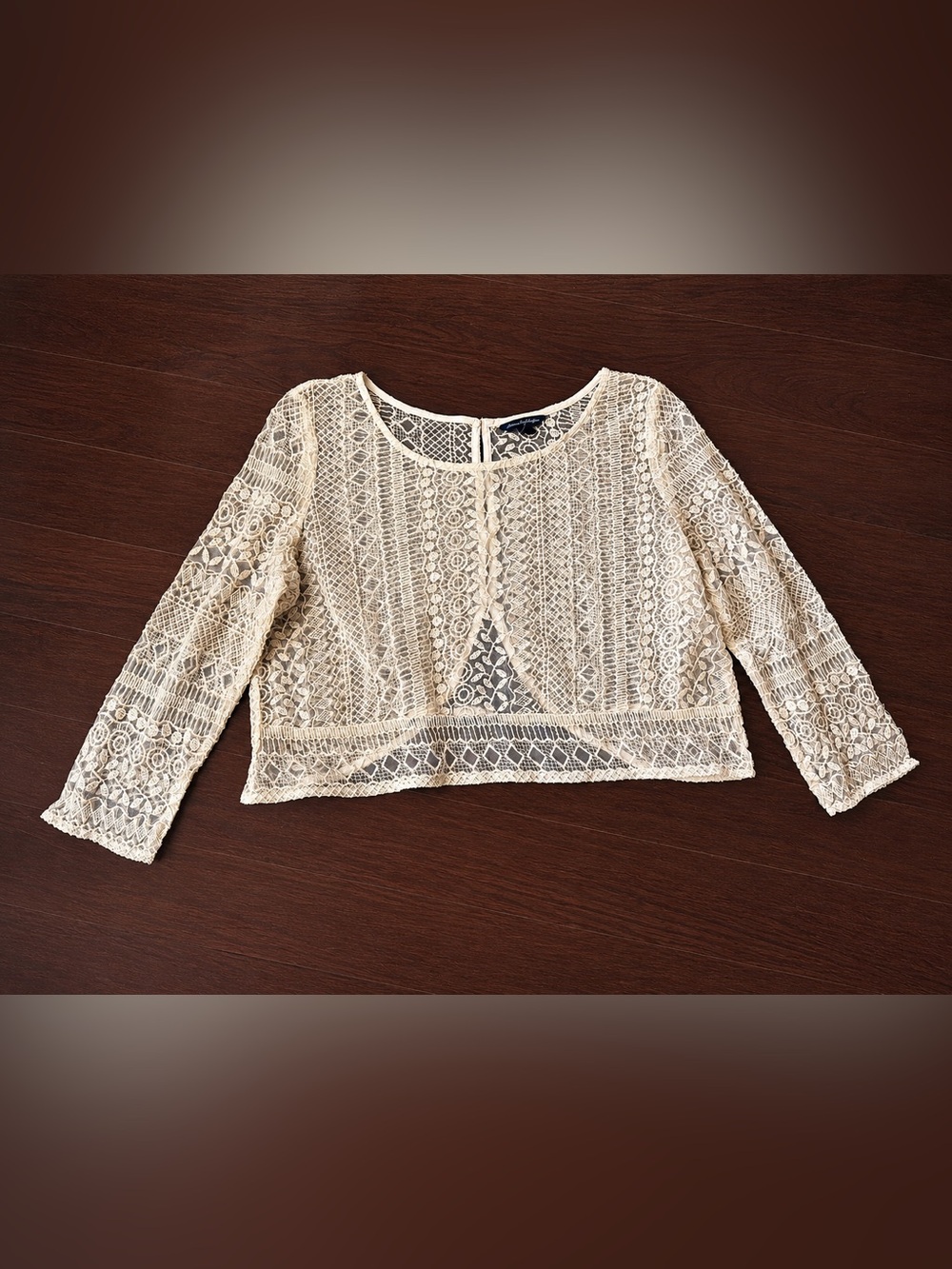 American Eagle Outfitters Cream Lace Cropped Long-Sleeve Top